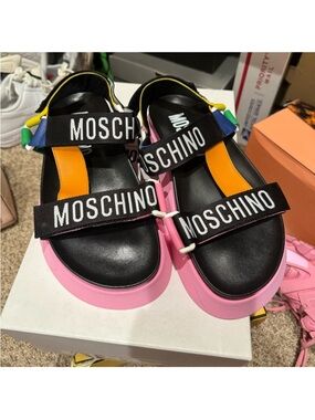 Moschino Black Sandals with Pink Platform and Multicolor Straps